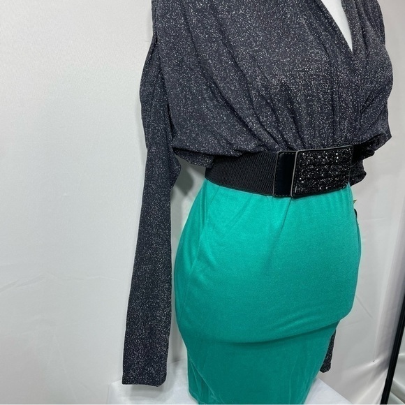 Apple Bottoms Dress Womens Large Plunging Neckline Bodycon Y2K Style Bling Sexy - Picture 5 of 12